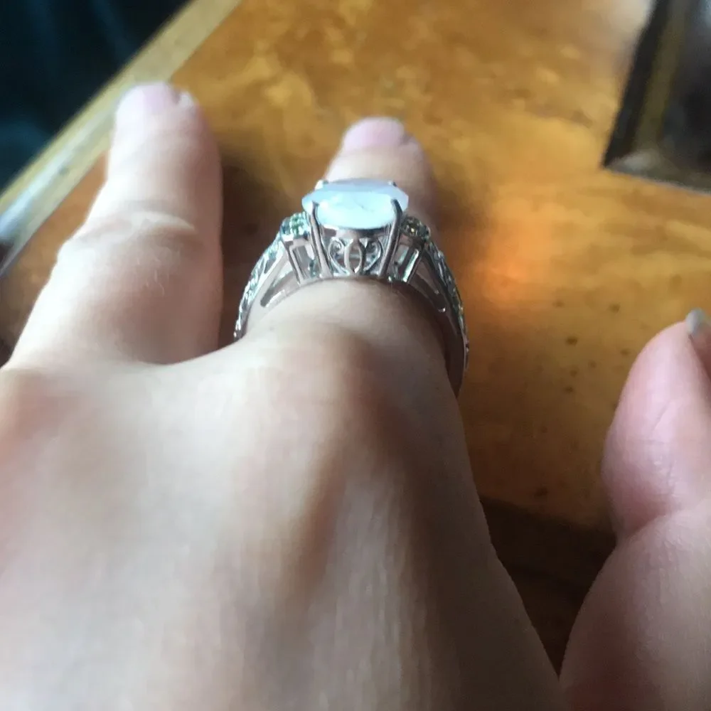 Natural Rainbow Moonstone Chrome Diopside Sterling Silver Ring Size 8